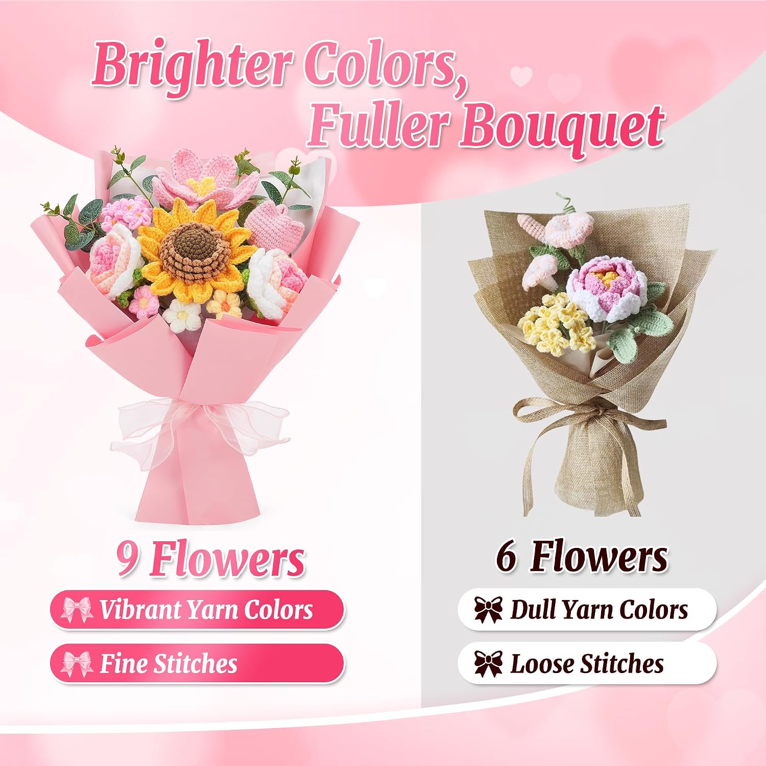 Crochet Flower Bouquet - Handmade Knitted Sunflower Crochet Flowers, Pink Crochet Bouquet Gift for Mom, Wife, Women, Mother's Day, Birthday, Graduation, Teacher Gifts with Gift Bag & Card