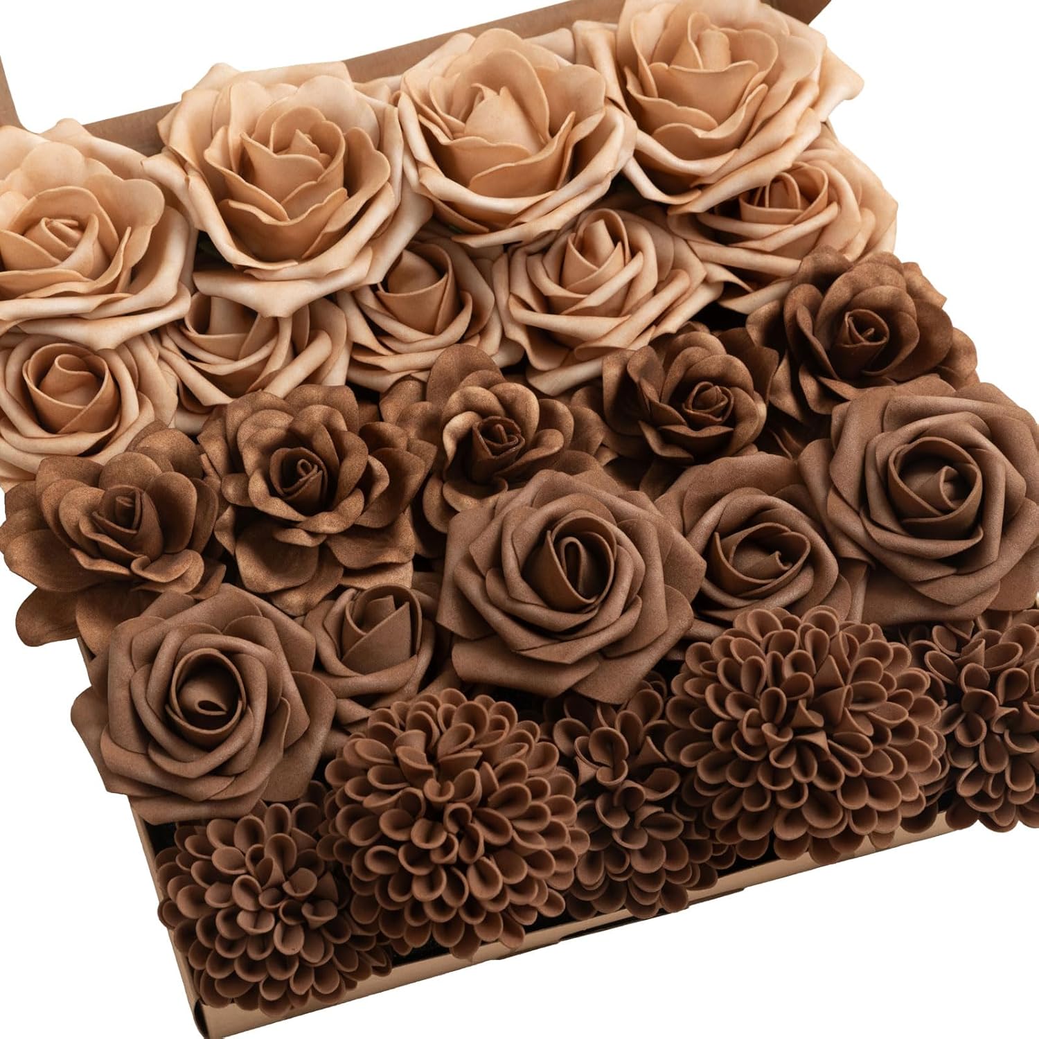 Ling's moment Artificial Flowers Fake Roses Faux Gardenia Foam Brown Beige | Silk Flower, Real Touch Filler Flower, Indoor Outdoor Decor, Table Centerpieces, Wedding Bouquets, Floral Arrangments, 24pcs