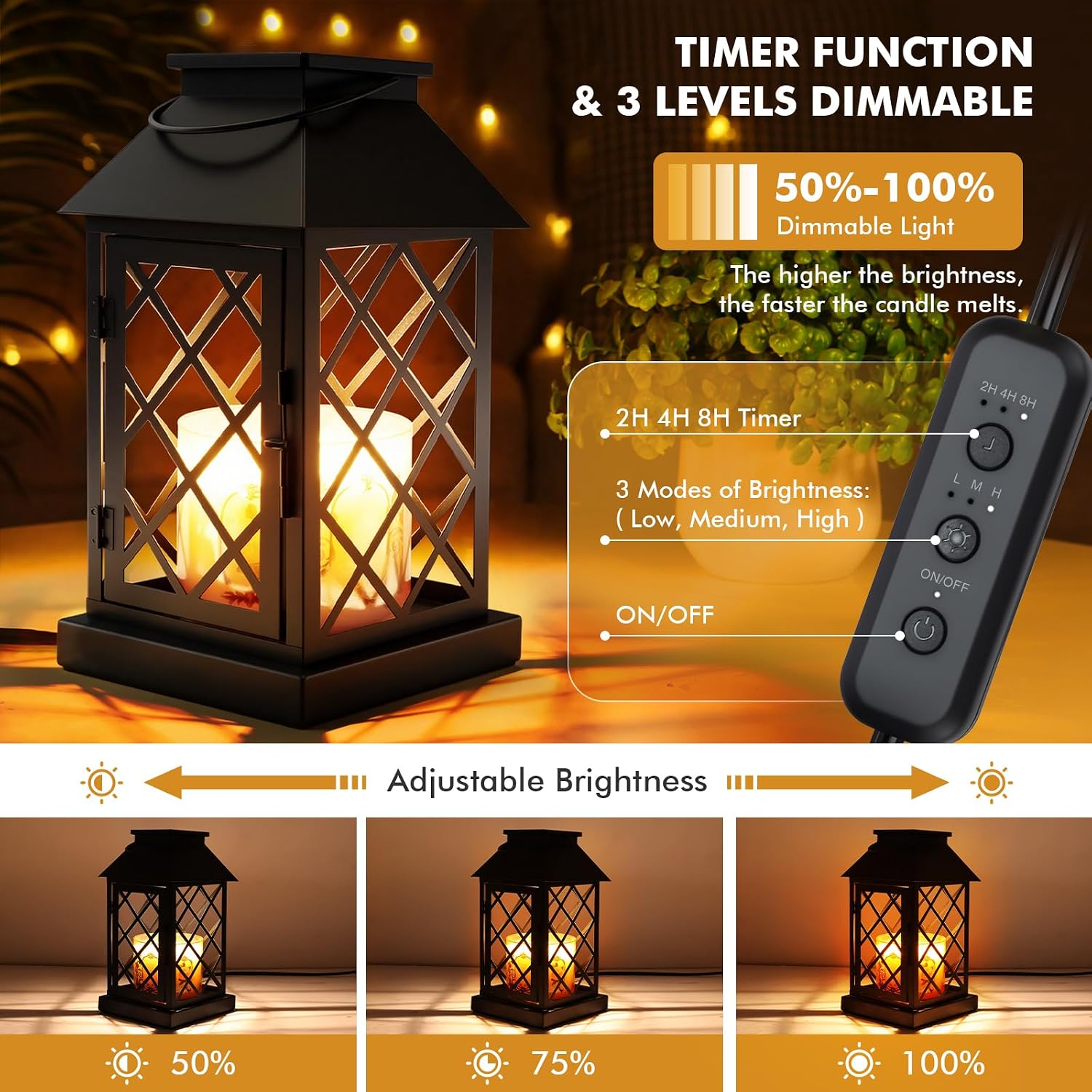 Candle Warmer Lamp with Timer, Dimmable Candle Warmer Lantern for Large 3 Wick Jar Candles Vintage Enclosed Metal Candle Lamp Farmhouse, Wax Melts Warmer, Home Decor Birthday Gifts for Women Mom