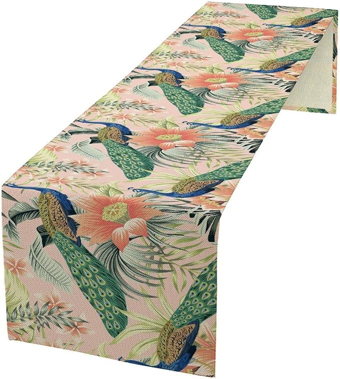 Peacock Table Runner,Pink Flower Peacock Birds Table Runner for Home Kitchen Dining Party Indoor Outdoor Decoration 13x108 Inch