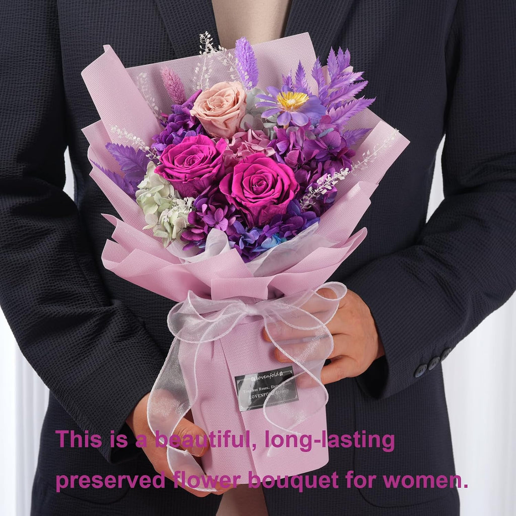 lovenfold preserved flowers for delivery, purple rose bouquets, side view