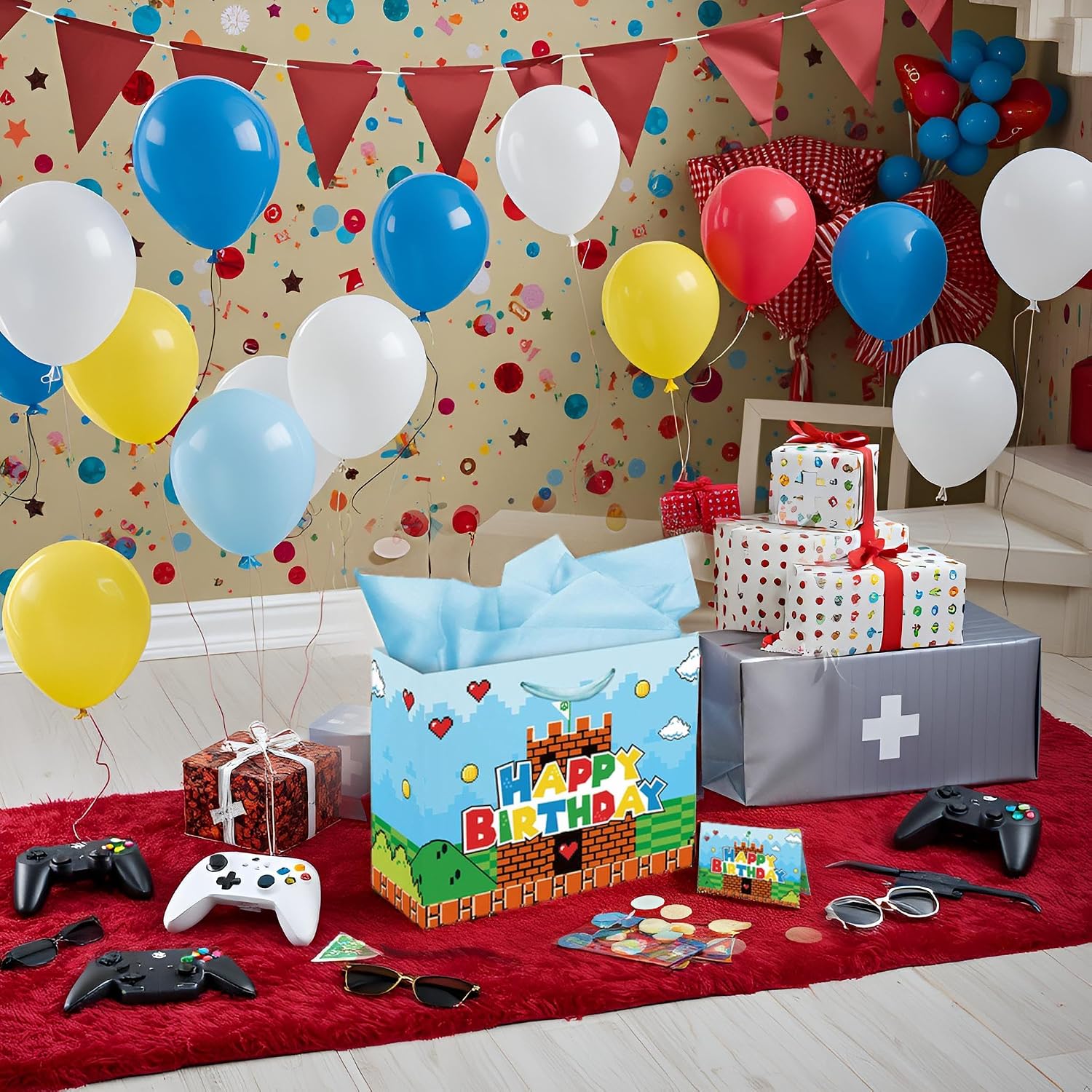 13" Large Super Brother Gift Bag Set with Greeting Card and Tissue Papers, Video Games Theme Happy Birthday Gift Bags for Birthday Party Celebration.