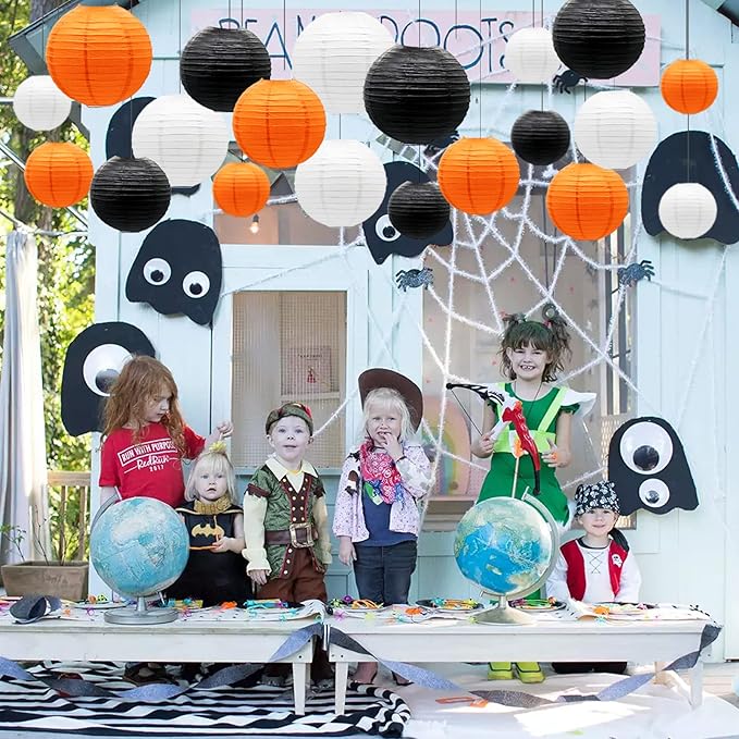 ADLKGG Paper Lanterns Party Decorations, Orange Black White Round Hanging Lanterns for Graduation Halloween Thanksgiving Birthday Party Decorations, 21pcs