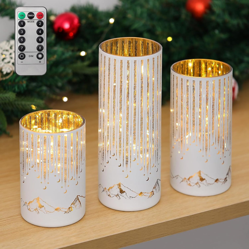 Starry Night Hurricane Candleholders with Warm LED Lights & Remote Timer, Elegant Twinkling Decorative Centerpieces for Wedding, Dining Table, Living Room, Mantel Décor, Set of 3 (White)