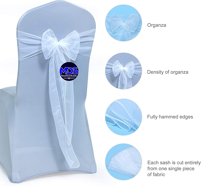 MDS Pack of 10 PCS Organza Chair Sashes Wider Dining Chair Bows Ribbon Tie Back for Wedding Party Birthday Bridal Shower Reception Event Banquet Home Chair Cover Decoration - White