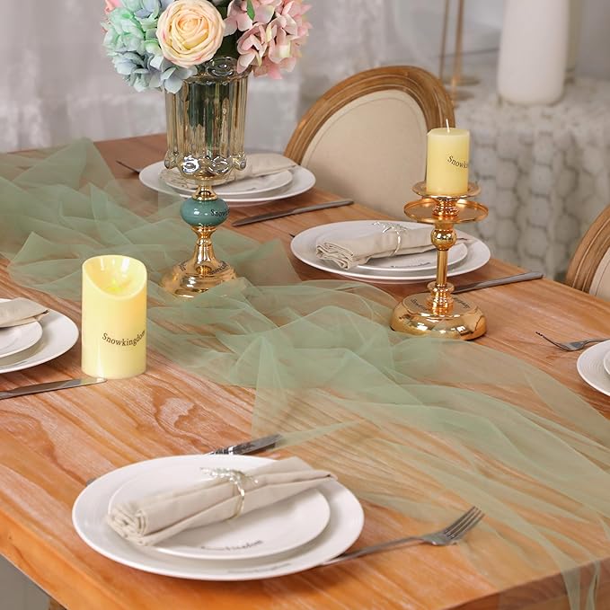 Snowkingdom Sage Green Table Runner, 10 FT Sheer Tulle Cheesecloth Gauze, Boho Rustic Table Centerpieces Decoration for Spring Wedding Baby Bridal Shower Christmas Party