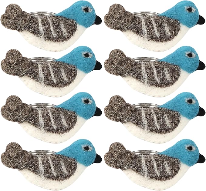 Wool Felt Napkin Ring Set of 8 - Bird Napkin Holder for Dining Table with Silver Electroplated Metal Base - Perfect for Spring, Holiday Parties, Rustic Event (White Blue Grey Black) - CLEENTABLE