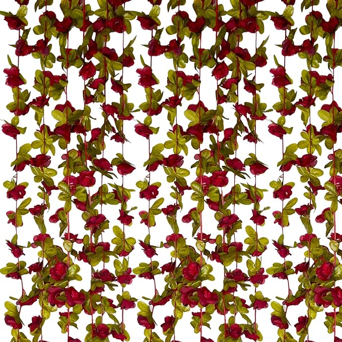 16Pcs 126Ft Burgundy Rose Garland, Fake Rose Hanging Flowers, Artificial Flower Vine, Hanging Floral Vine Garland for Wedding, Birthday Party, Wall Arch, Halloween, Christmas Garden Backdrop Decor