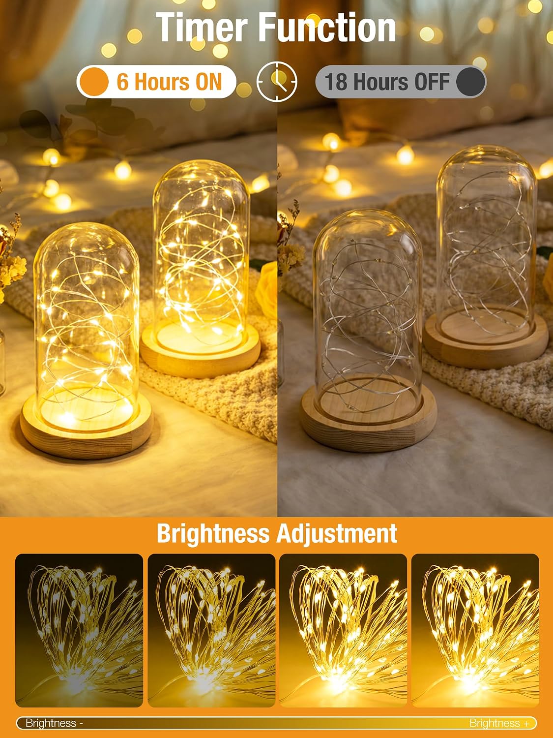 btfarm 4 Pack Fairy Lights Battery Operated with Timer, 16FT 50LED Twinkle String Lights USB Powered, 8 Mode Dimmable Cuttable Wire Light Waterproof for Indoor Bedroom Wedding Christmas, Warm White