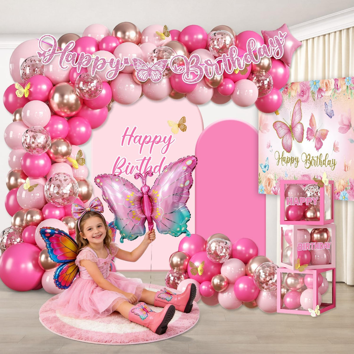 pink butterfly birthday decorations, all-in-one set for 25, side view