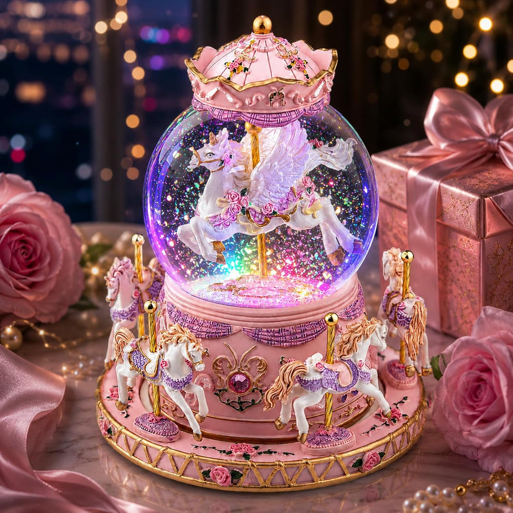 Unicorn Carousel Snow Globe Music Box, Plays You are My Sunshine, Rotating Horse Musical Snow Globe Gift for Daughter Girls Women, Birthday Christmas for Wife Sister Friend