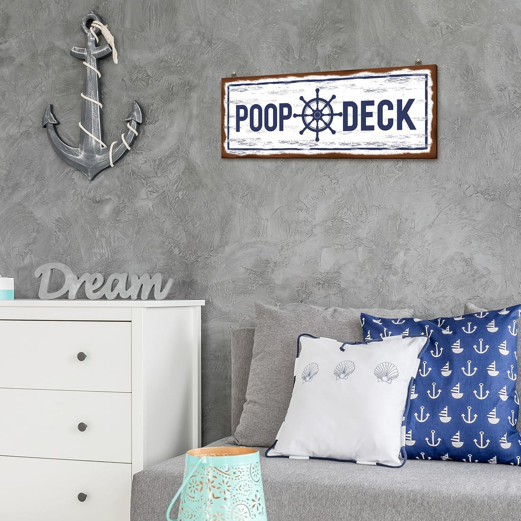 Jetec POOP DECK Sign Nautical Nursery Wall Decor Rustic Beach Bathroom Wood Sign Nautical Boat Decor Ocean Coastal Theme Decorations for Home Hanging for Ocean Bathroom 15.7 x 5.9 Inch(White)