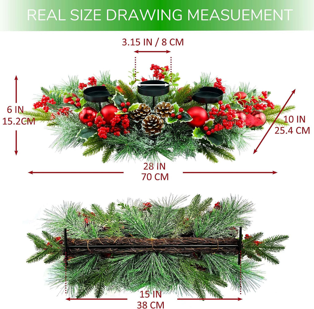 YULETIME 28" Christmas Triple Candelabrum, Red Baubles, Berries, Pine Cones | Three Trays Holder, Tray diameter 3.15-in, Candles Not Included, Holiday Centerpiece, Red Theme