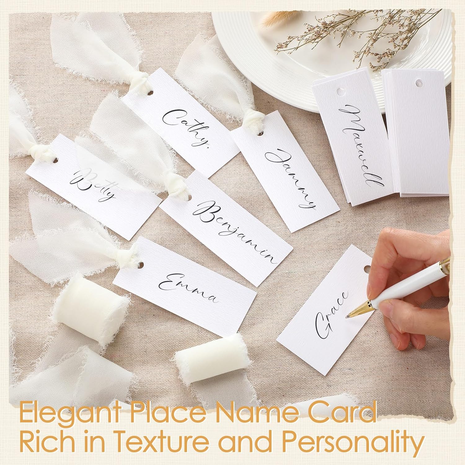 50 Pcs Name Place Cards for Table Setting Blank Wedding Place Cards with Chiffon Ribbon 1.57 x 3.54 Inch Hanging Gift Tags for Wedding Dinner Banquet Party Table Setting Supplies(Ivory)