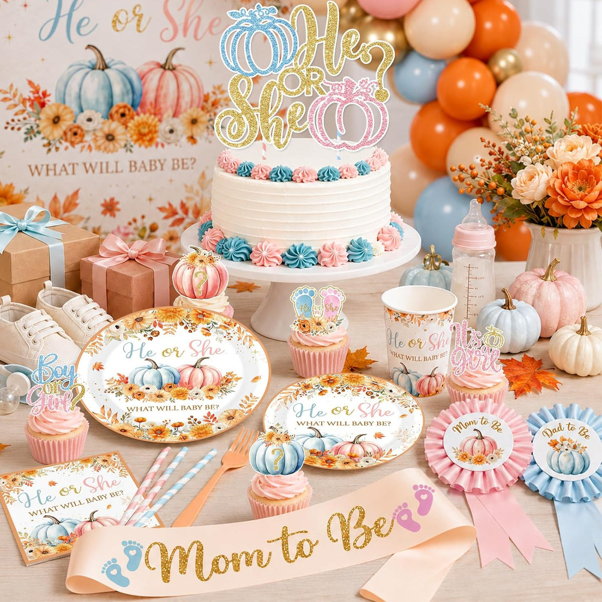pumpkin gender reveal decorations,fall theme party he or, close-up detail