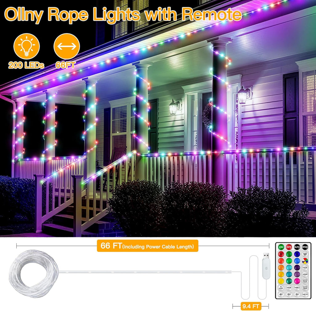 Ollny Rope Lights Outdoor Color Changing, 66FT 200 LED Waterproof Plug in Christmas Lights with Remote, 16 Colors Twinkle Outdoor String Lights for Outside Indoor Party Easter Holiday Decorations