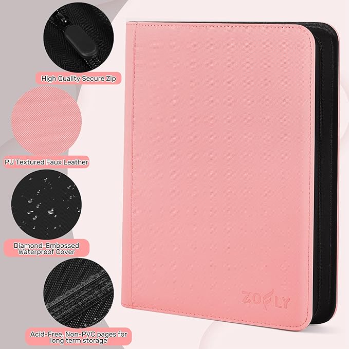 Card Binder 16 Pocket, Zipper Trading Card Binder Holds 1024 Cards, Double-sided Side Loading Card Storage Album, Ringless Card Protector, Card Collection Binder for TCG, MTG, Game Sport Card, Pink