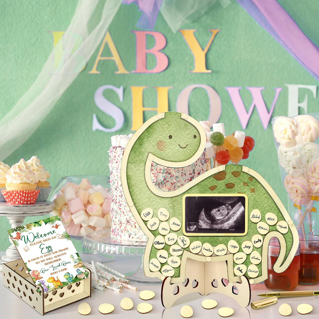 Wenqik 63 Pcs Dinosaur Baby Shower Guest Book Alternatives Set Baby Shower Decorations with Photo Frame Sonogram Frame Keepsake 60 Wood Slices Guest Book for Birthday