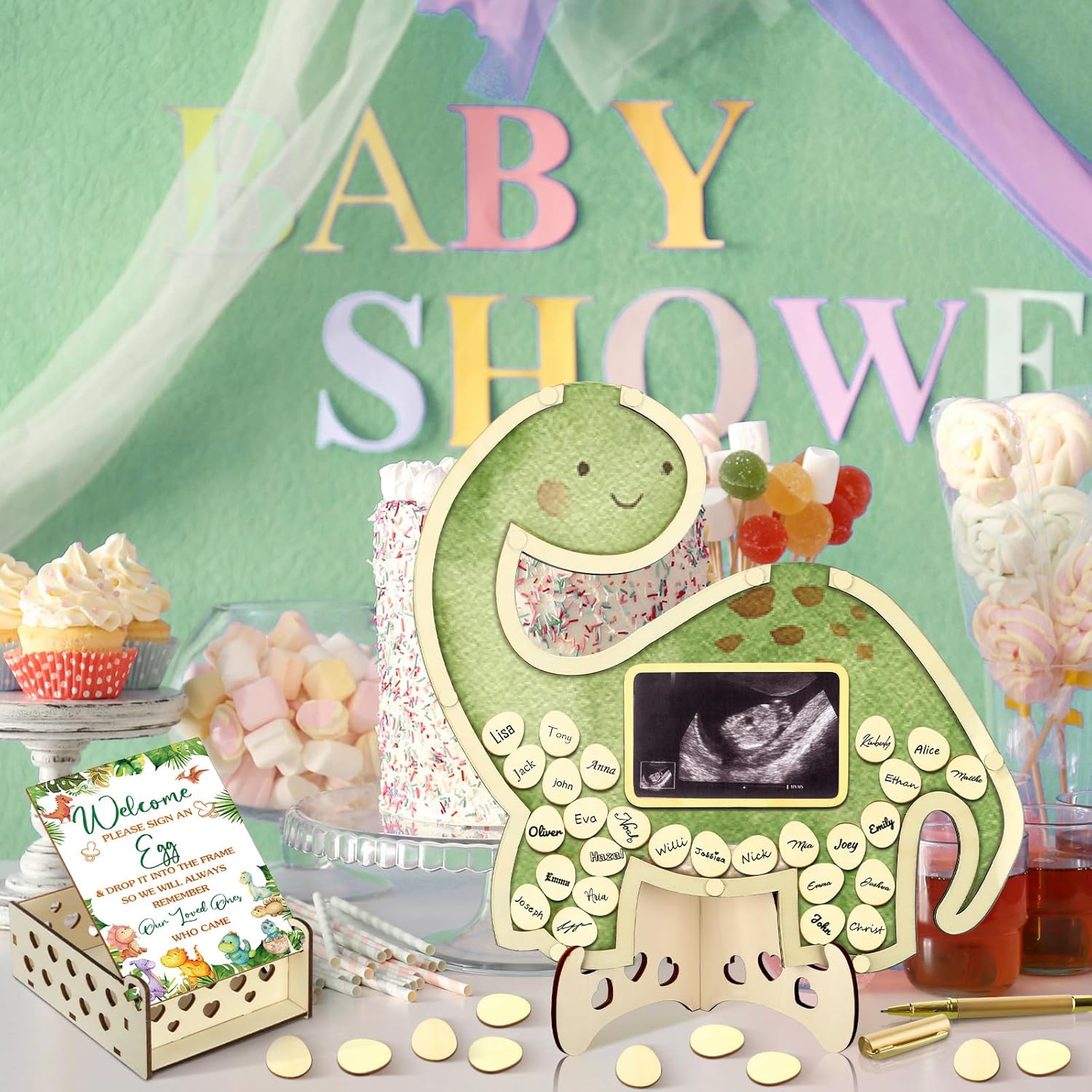 Wenqik 63 Pcs Dinosaur Baby Shower Guest Book Alternatives Set Baby Shower Decorations with Photo Frame Sonogram Frame Keepsake 60 Wood Slices Guest Book for Birthday