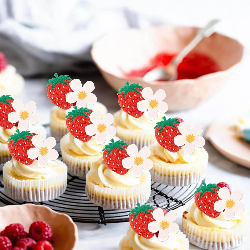 60 Pack Edible Sweet Strawberry Flower Cupcake Toppers First Birthday Strawberry Flower Rice Paper Wafer Paper Cake Picks for Fruit 1st Berry Sweet Kids Birthday Cake Decorations