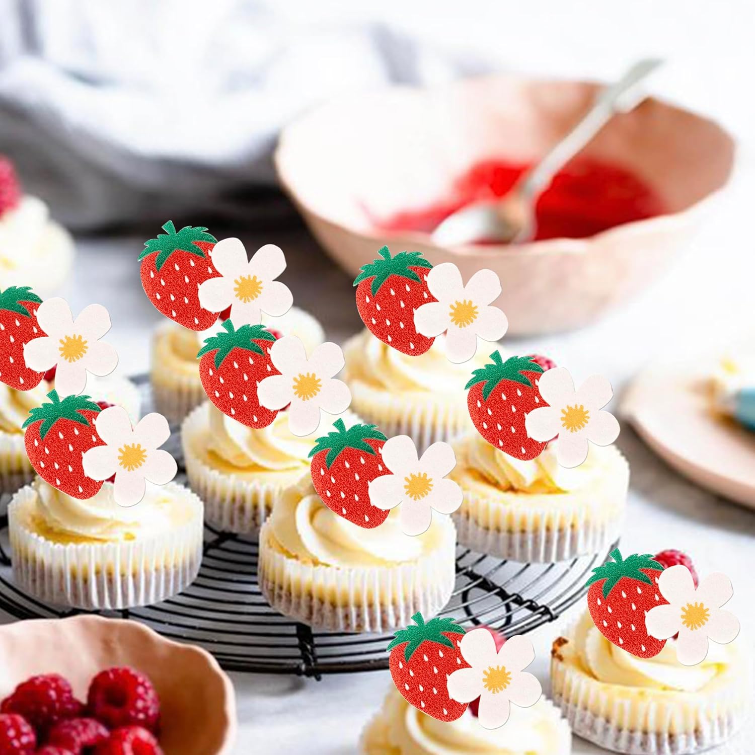 60 Pack Edible Sweet Strawberry Flower Cupcake Toppers First Birthday Strawberry Flower Rice Paper Wafer Paper Cake Picks for Fruit 1st Berry Sweet Kids Birthday Cake Decorations