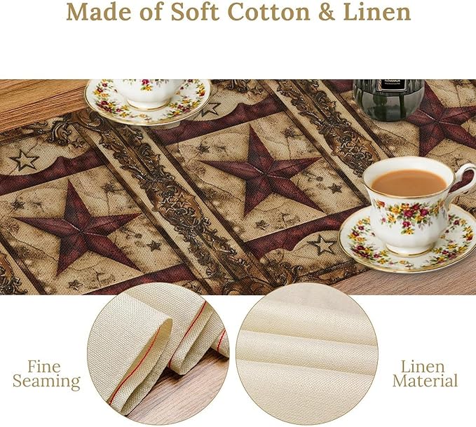 Wild West Table Runner, Rustic Farmhouse Texas Star Vintage Rodeo Cowboy Old Sign Wild West Print Pattern for Home Kitchen Table Decor Dining Coffee Room Garden Party Decor 13x36in