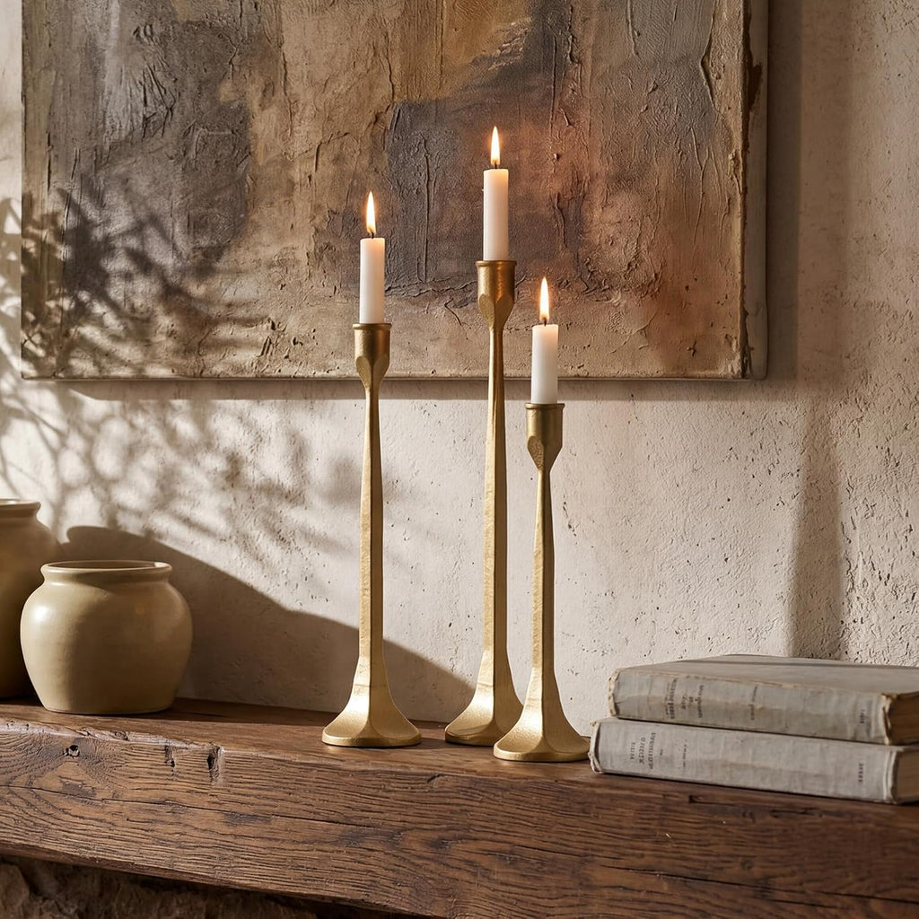 Gold Iron Taper Pillar Candle Holders Set of 3, Candlestick Holders Rustic Vintage Decorations, Tall Candle Stand for Home Decor Mantle Dining Coffee Table Outdoor Wedding-11.8"+13.8"+15.4"