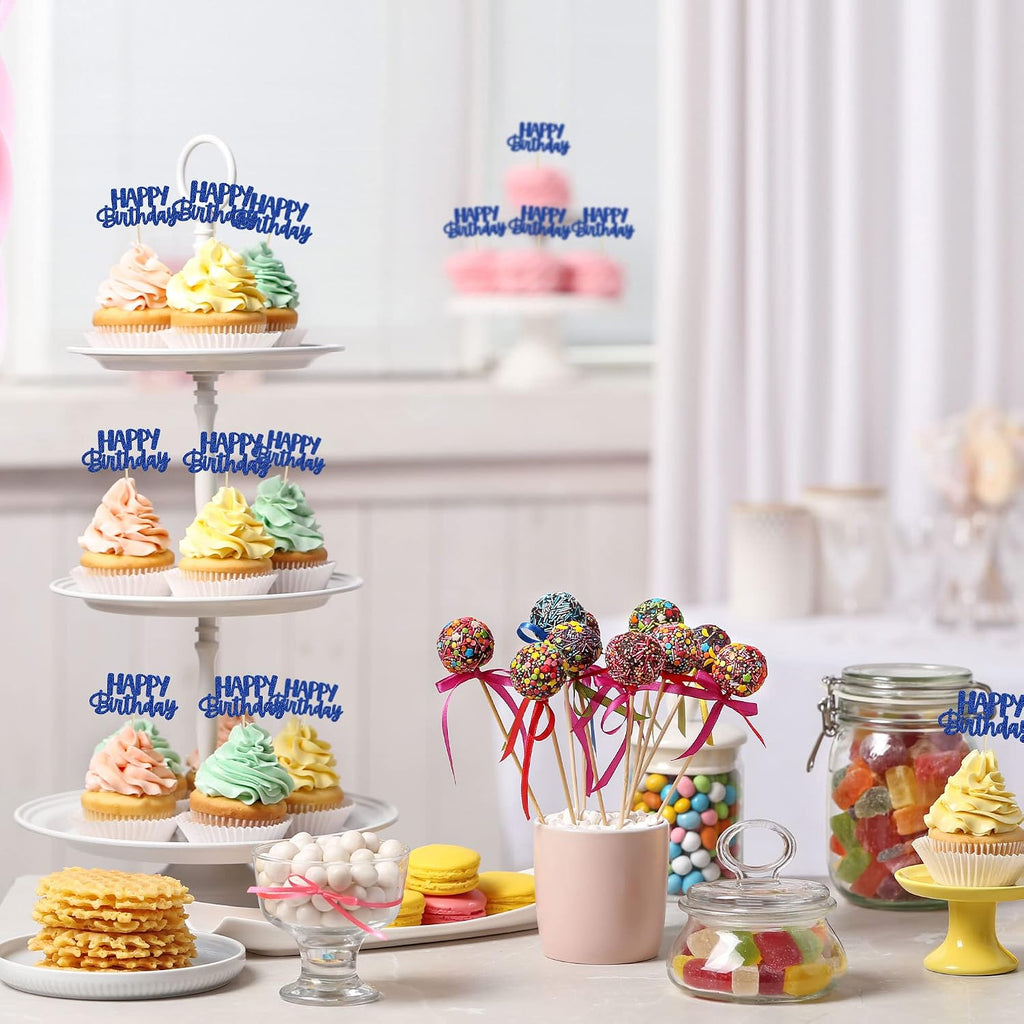 Gyufise 24Pcs Happy Birthday Cupcake Toppers Glitter Cupcake Food Picks for Celebrating Happy Birthday Theme Party Cake Decorations Supplies Deep Blue
