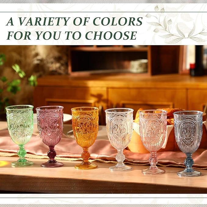 18 Pack Plastic Goblets 10oz Upgrade Vintage Water Goblet Plastic Wine Glasses Colored Retro Embossed Glassware for Party Wine Bar Juice Baby Shower Wedding Reception Grand (Pink)