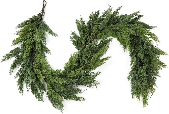 12FT Artificial Christmas Garland, Real Touch Greenery Cypress Pine Garland for Mantle Table Railing Fireplace Indoor & Outdoor Christmas Decoration