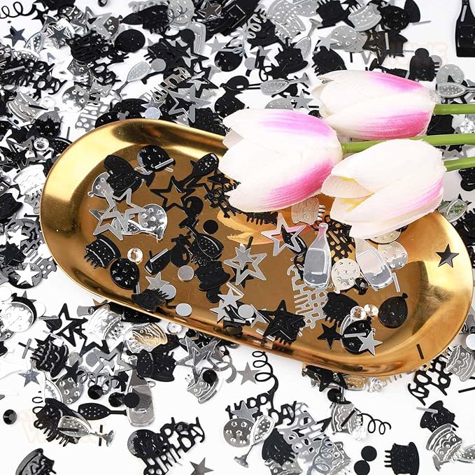 VHUWE Happy Birthday Confetti, 1.6 oz Black Silver Cake Balloon Star Goblet Bottle Confetti for Happy Birthday Party Decorations Boys Girls Kids Women Men Birthday Table Decorations | Black Silver