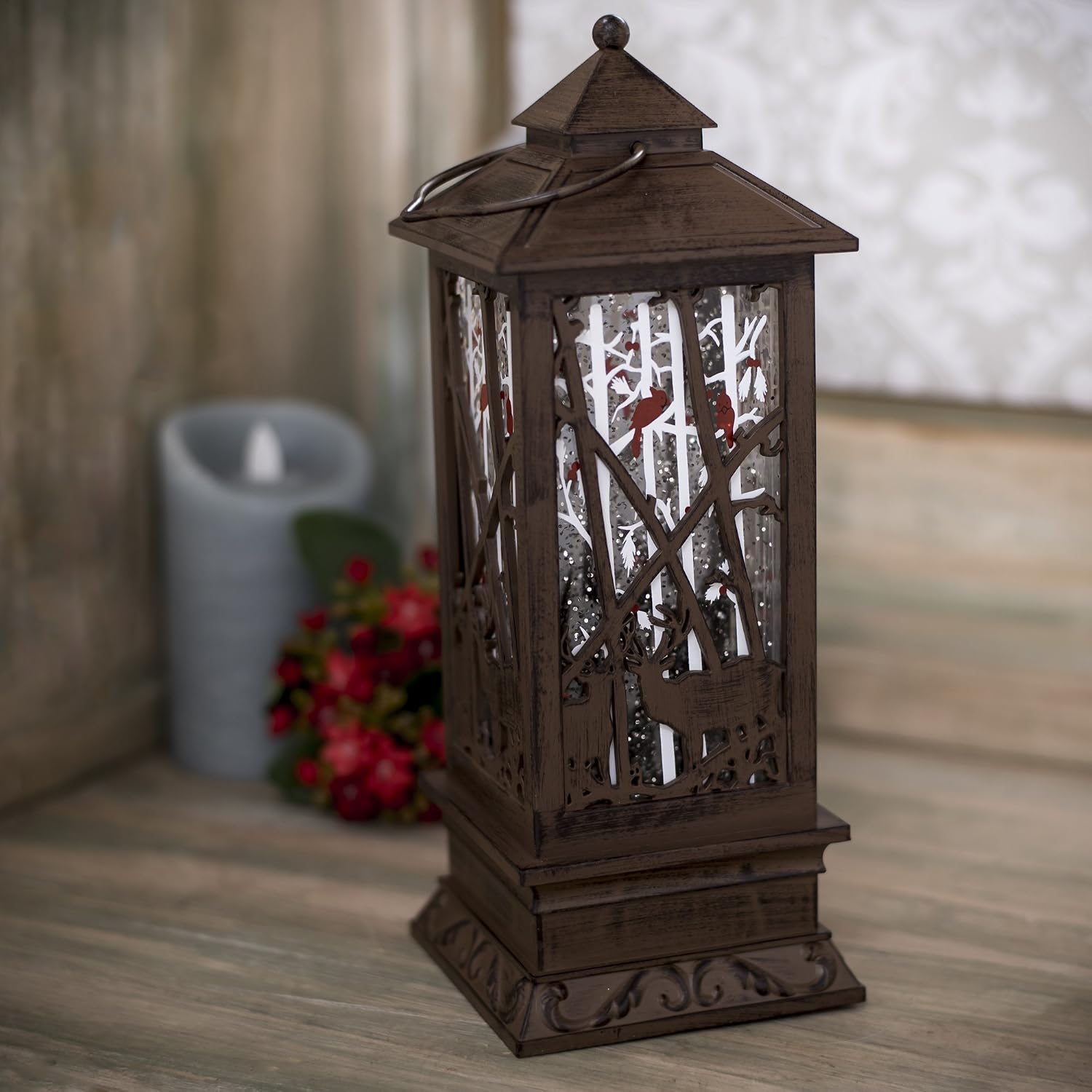 Christmas by Roman Inc., Confetti Lites Collection, 11" H LED Deer Bronze Lantern, Lantern, Snow Globe, Holiday Home Décor, Santa, Cardinal, Nutcracker, Snowman, Reindeer (4x4x11)