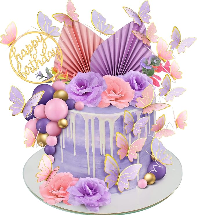 Shimeyao 52 Pcs Wedding Birthday Gold Cake Decoration Boho Cake Topper Pink Purple Flower Butterfly Palm Leaves Balls Toppers for Women Baby Shower Party Decoration(Candy Color)
