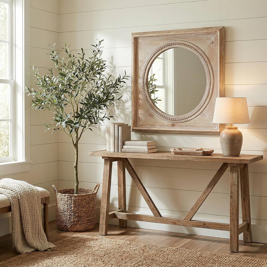 rustic square wood wall mirror with beaded trim, package contents
