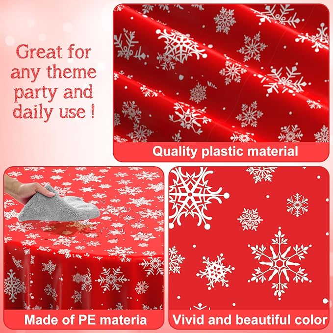 12 Pieces Christmas Snowflake Plastic Party Tablecloth Decorations, Disposable White Snowflake Red Xmas Round Table Cover Backdrop for Winter Christmas Holiday New Year Party Supplies,84 inch (Red)