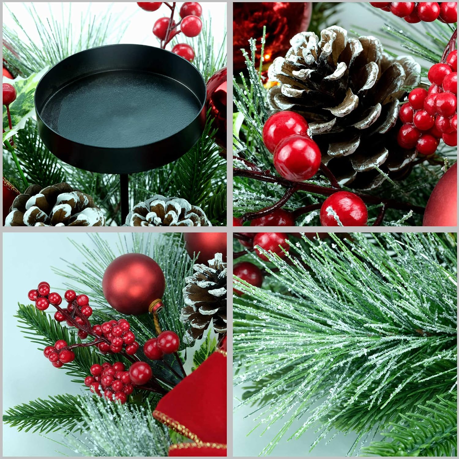 YULETIME 28" Christmas Triple Candelabrum, Red Baubles, Berries, Pine Cones | Three Trays Holder, Tray diameter 3.15-in, Candles Not Included, Holiday Centerpiece, Red Theme