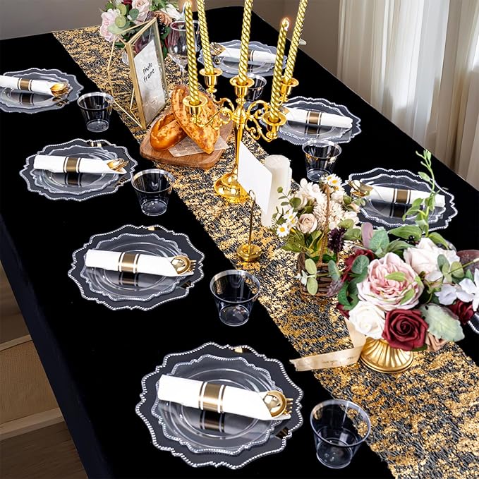 COLOSUS 350pcs Clear Plastic Plates Disposable Gold Cutlery Dinnerware set for party: 50 Dinner Plate, 50 Dessert Plate, 50 Per Rolled Napkins with Gold Silverware, 50 Cups 9 OZ for Wedding & Party