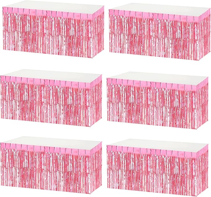 6 Pack 29x108 Inch Metallic Foil Fringe Tinsel Table Skirts Banner for Rectangle Tables Streamer Garland Curtains Backdrop for Wedding, Birthday, Parade Floats, Valentine's Day Party Decoration(Pink)