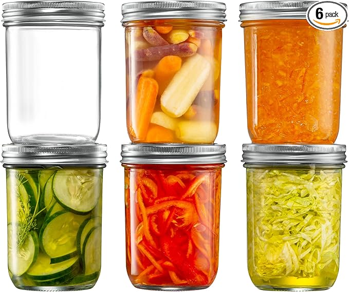 [ 6 Pack] 16 oz. Wide-Mouth Glass Mason Jars with Metal Airtight Lids and Bands for 1 Pint Canning, Preserving, & Meal Prep