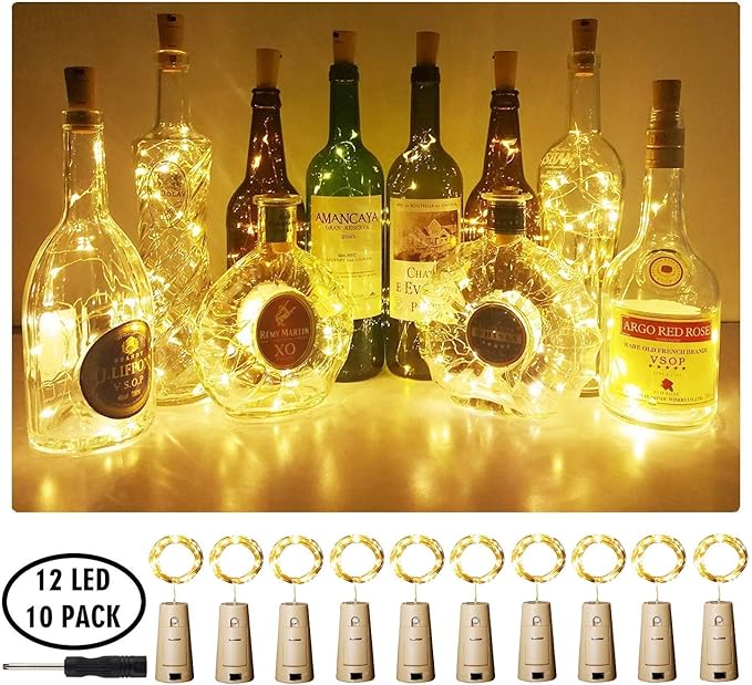 Aluan Wine Bottle Lights with Cork, 12 LED 10 Pack Fairy / String Lights Waterproof Battery Operated for Jar Party Wedding Christmas Festival Bar Decoration, Warm White