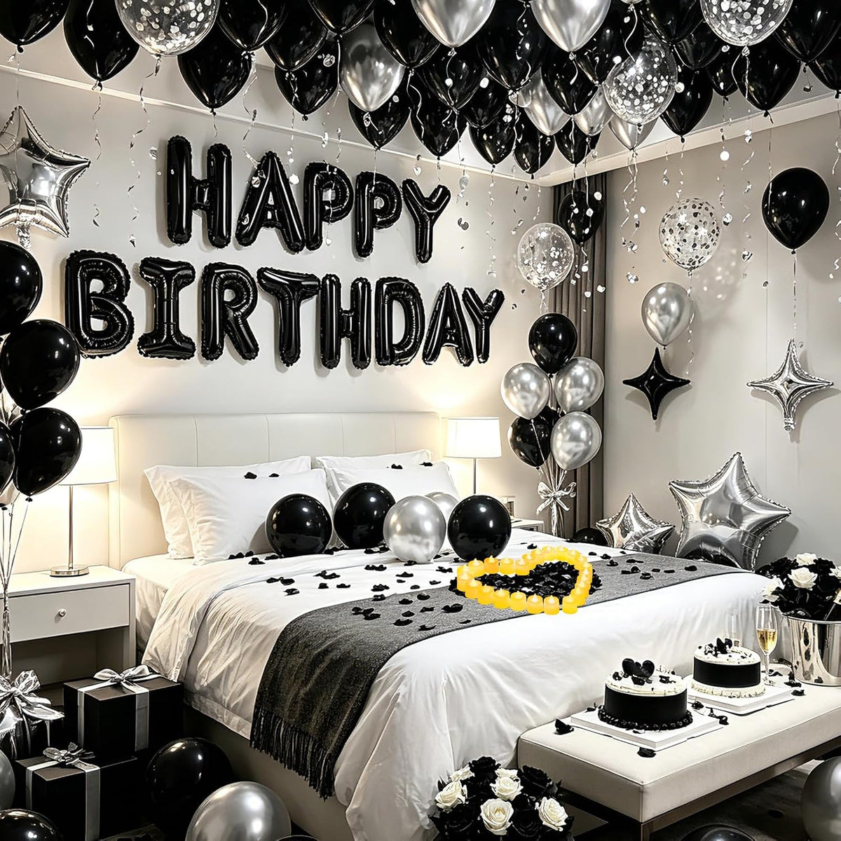 black happy birthday balloons decorations silver and black, main product view
