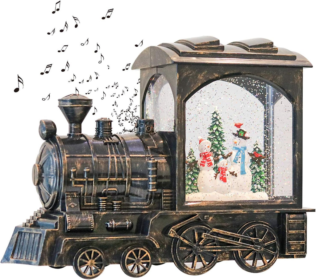 GenSwin Christmas Train Snowman Battery Operated Musical Lighted Water Snowing Glittering Snow Globe Lantern with Timer, Christmas Home Decoration and Gift(Copper)