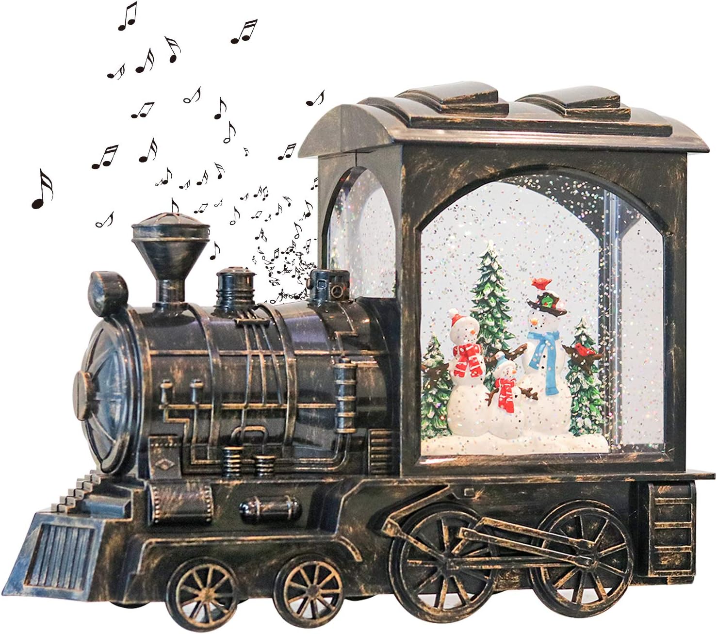 GenSwin Christmas Train Snowman Battery Operated Musical Lighted Water Snowing Glittering Snow Globe Lantern with Timer, Christmas Home Decoration and Gift(Copper)