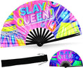 SYNTECSO Folding Hand Fan for Rave, Popping Fan for Line Dancing, Drag Queen, Women and Men Gift，Chinese Japanese UV Glow Clack Fan for Parties, Music Festivals, EDM and Decoration