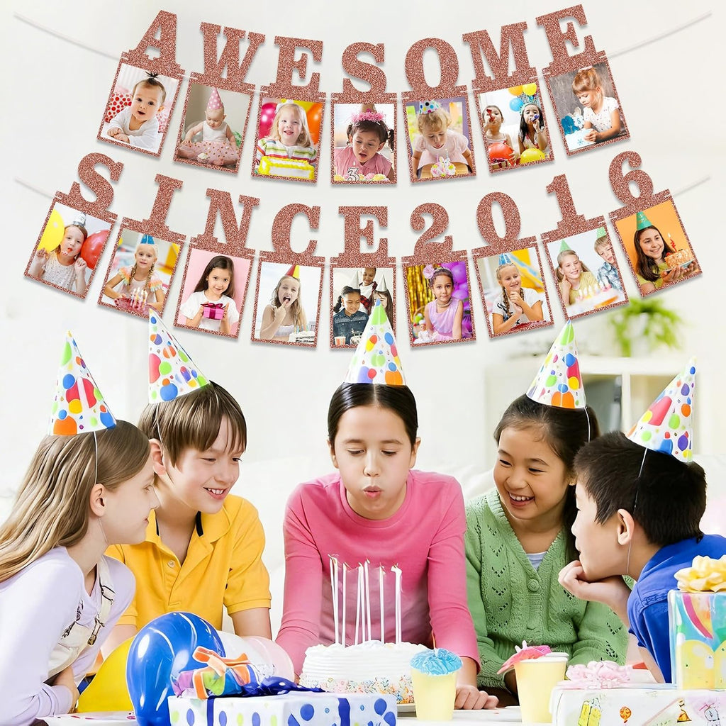 Pre-strung Awesome Since 2016 Photo Banner Birthday Decorations for Girls Women- Pink Rose Gold Glitter Happy 10th Birthday and Anniversary Decorations Party Supplies