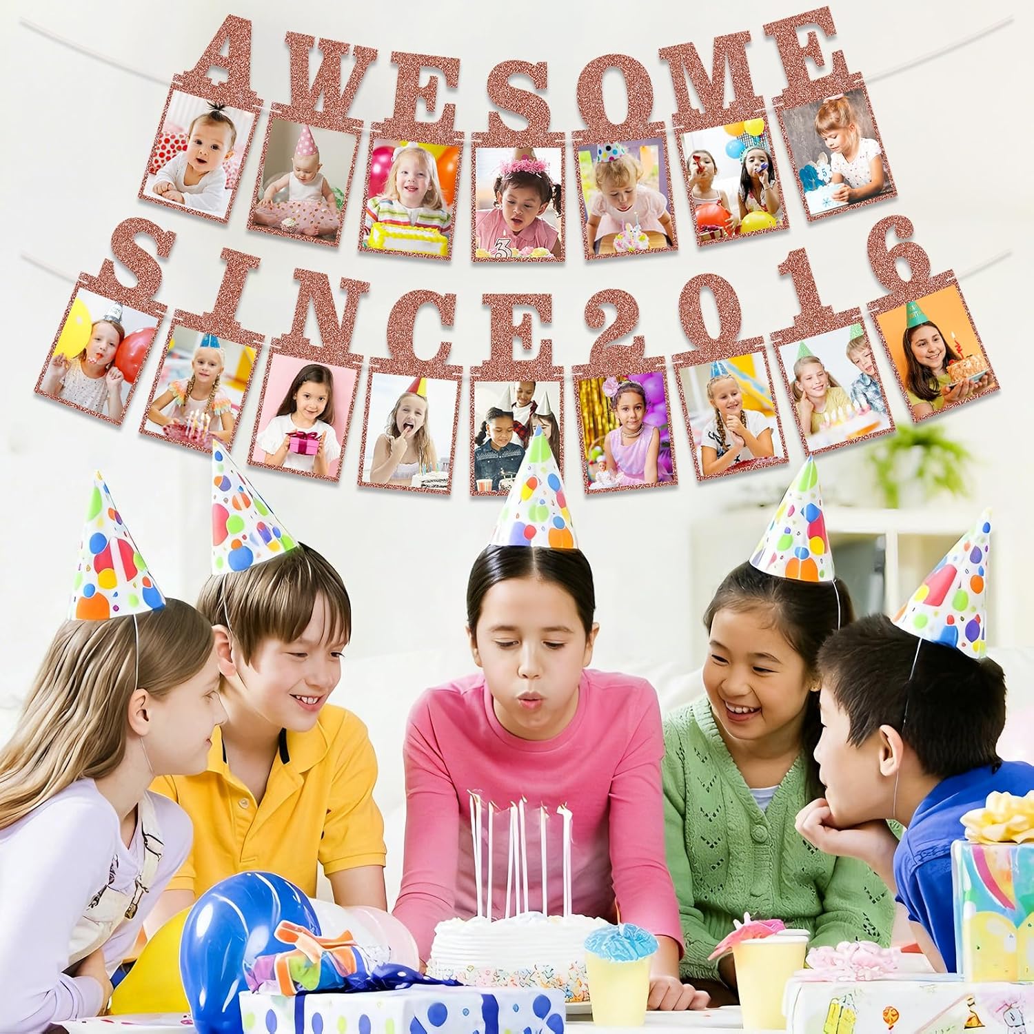 Pre-strung Awesome Since 2016 Photo Banner Birthday Decorations for Girls Women- Pink Rose Gold Glitter Happy 10th Birthday and Anniversary Decorations Party Supplies