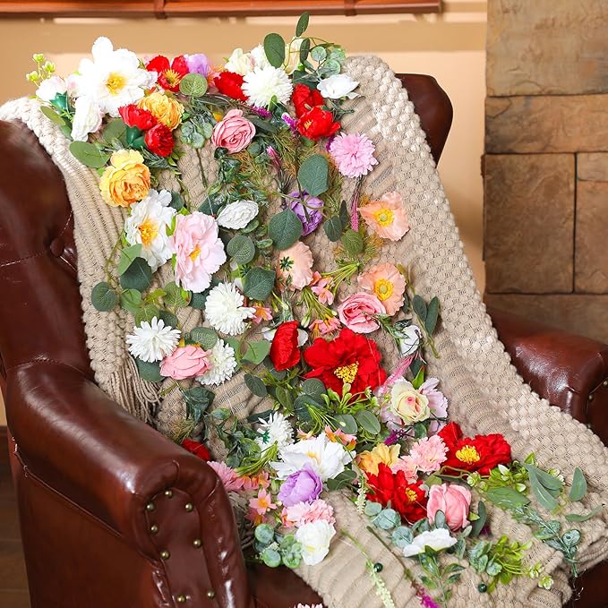 XunYee 6 Pcs 35.4 ft Flower Garlands Hanging Wildflower Backdrop Decoration Artificial Floral Garlands Fake Flower Vines Faux Silk Wildflower Decor for Halloween Fall Wedding Garden Wall Arch(Floral)