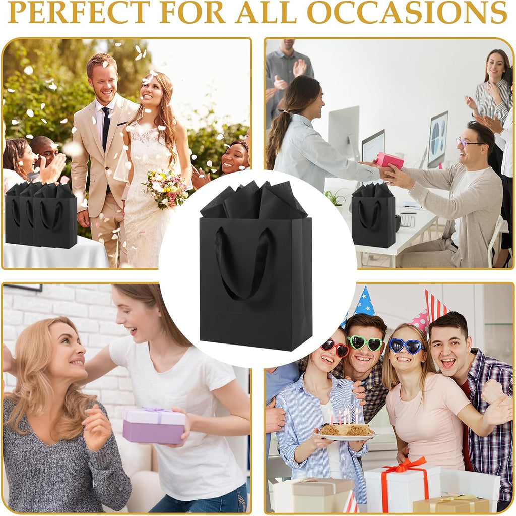 Epoesch Black Small Gift Bags with Handles and Tissue Paper, 8x5x10 Inch 4 Pack Paper Bags for Men, Women, Birthdays Party, Baby Showers, Weddings, Father's Day, Anniversaries, Holidays (Black small - 4Pcs)