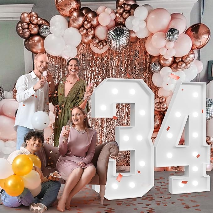 imprsv Marquee Numbers Large 34th-Birthday Decorations: 4ft Light Up Number Party Decor 34 Year Old 43rd Birthday Decoration Backdrop 43 Anniversary Cardboard Big Mosaic Balloon Frame Number 34