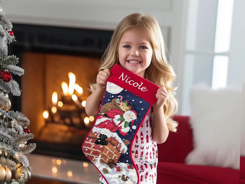Santa on Chimney Needlepoint Christmas Stocking - Personalized Name Embroidery Family Holiday Keepsake Décor